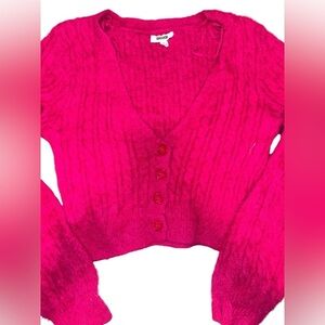 Hot pink cropped button up cardigan with bishop sleeves